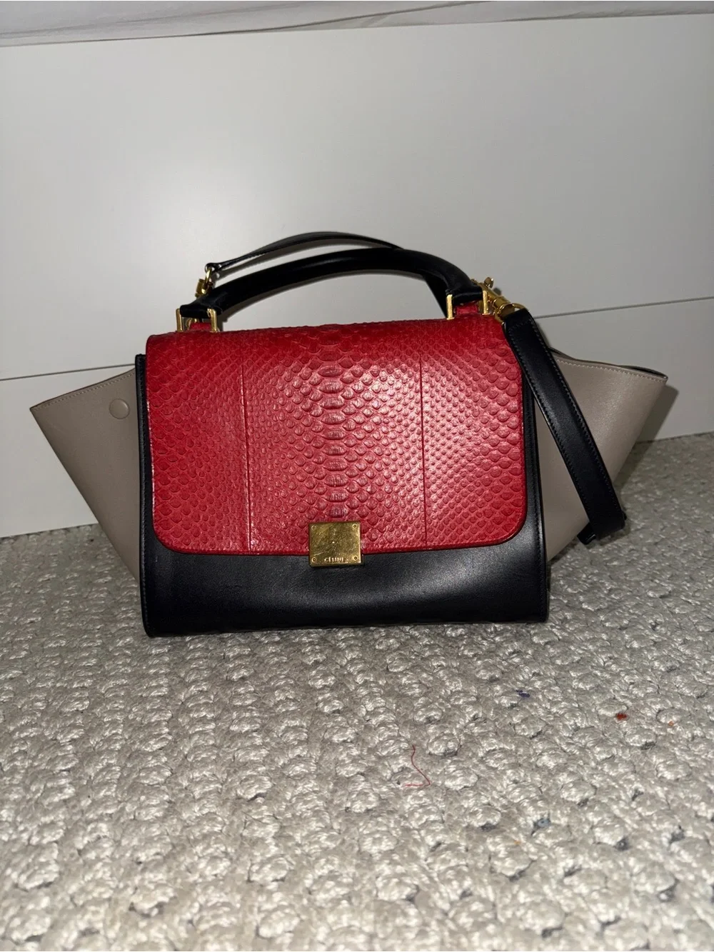 Structured Tricolor Top-Handle Satchel - Red, Black & Taupe